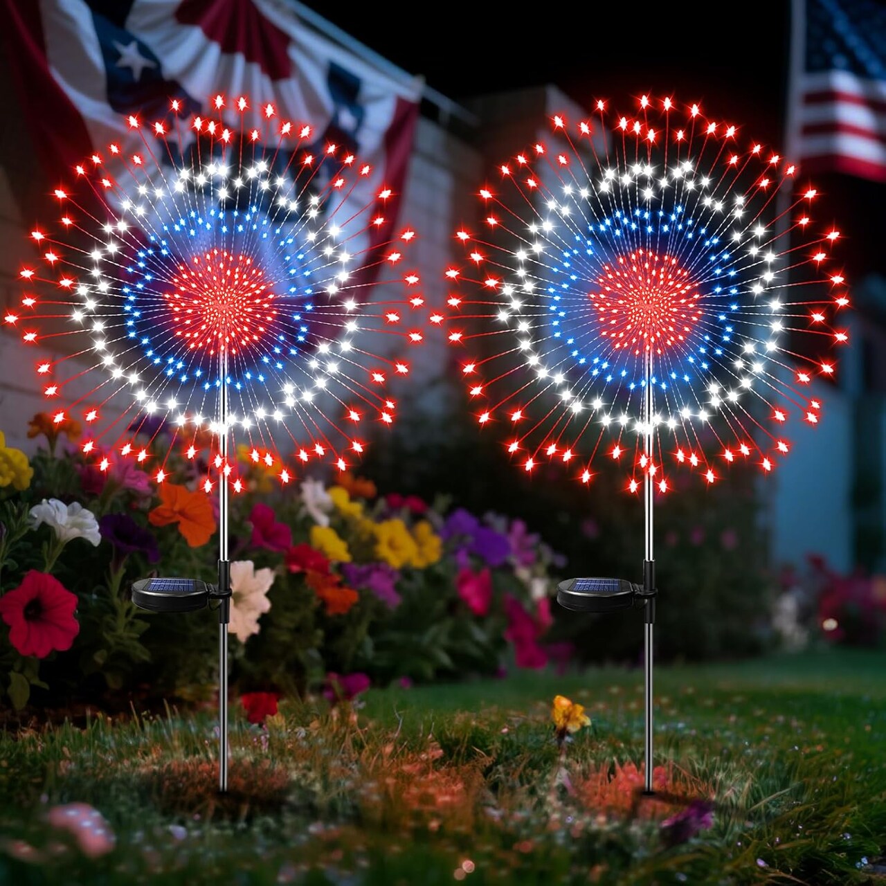 2 Pack Solar 4th of July Firework Lights Outdoor – 360 LED Red White Blue Waterproof Patriotic Yard Decorations with 8 Modes & Timer for Garden, Pathway, Lawn, Patio